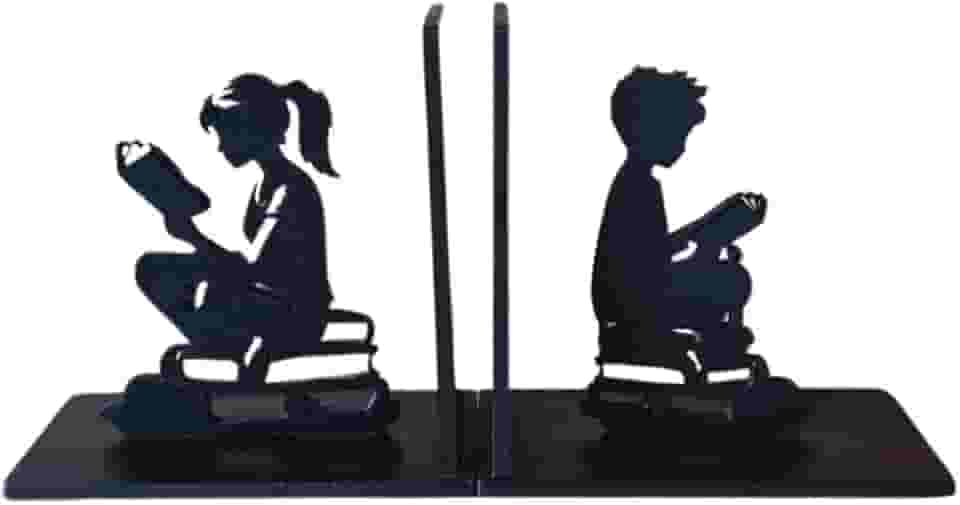 Suporte Aparador de lIvros Decorativo Menina e Menina Organizador Bibliocanto Madeira Preta Geek Porta Livros