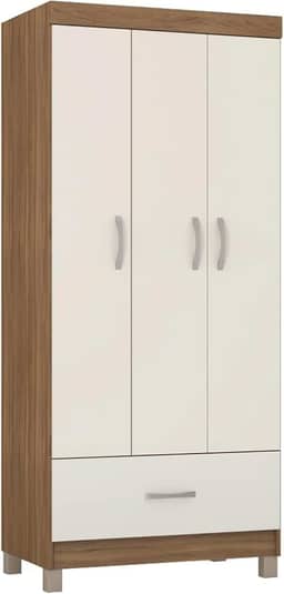 Guarda Roupas Solteiro 3 Portas 1 Gaveta Amêndoa/Off White Prince Demóbile
