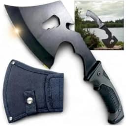 Machado Tático Militar em Aço Inoxidável, 31cm, com Bainha, Cabo Emborrachado Antideslizante, Lâmina 17cm, Preto, para Camping, Pesca, Trilha