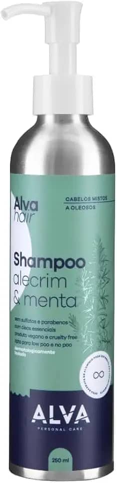 Shampoo Alva vegano e Natural, Com Óleos Naturais de Alecrim e Menta, Hidratação e Brilho, Sem Parabenos, Sem Sulfatos, Sem Silicone Alva 250ml