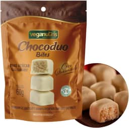 BOMBOM VEGANO DE CHOCOLATE BRANCO RECHEADO COM COCO QUEIMADO CHOCODUO VEGANUTRIS 60G