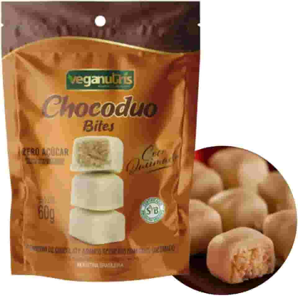 BOMBOM VEGANO DE CHOCOLATE BRANCO RECHEADO COM COCO QUEIMADO CHOCODUO VEGANUTRIS 60G