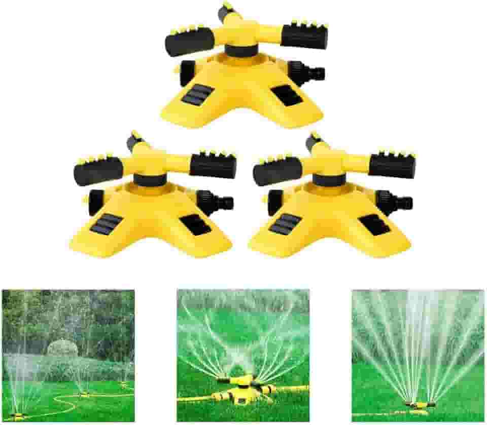 Kit 3 Irrigadores de Jardim Giratórios 360°, 2 Modos de Rega, Base Amarela, Alcance 8,07 cm, Conexão em Série