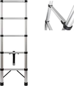 Escada Telescópica 1,8m com 5 Degraus Alumínio Inoxidável, Dobrável e Compacta, Portátil com Travas de Segurança, Antiderrapante, Ideal para Uso Doméstico, Manutenção e Serviços Profissionais