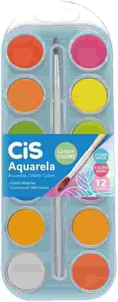Aquarela Escolar Cores Candy Colors CIS, Estojo Com 12 Cores + Pincel