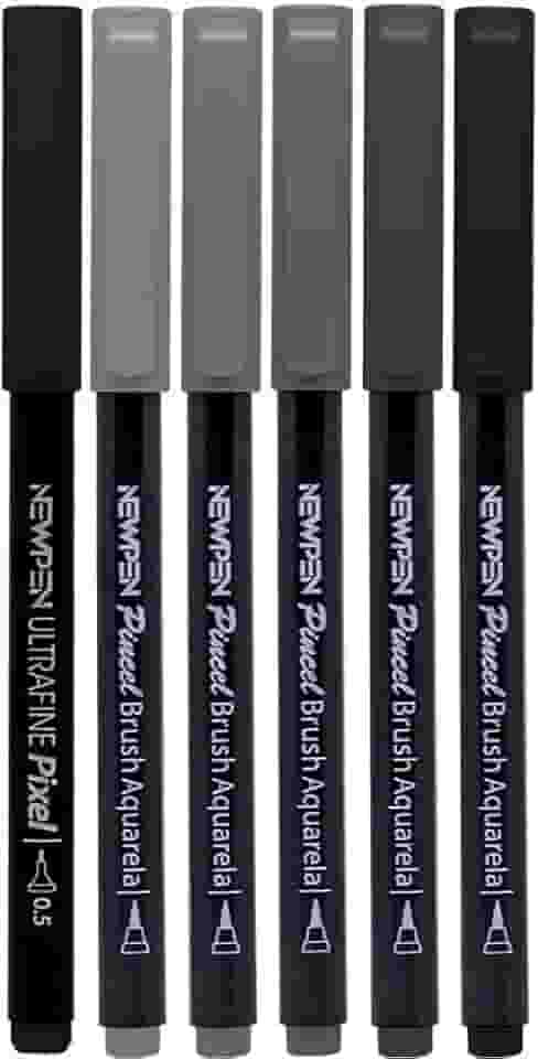 Caneta Ponta Pincel, Newpen, Brush Pen, Tons de Cinza, 6 Cores
