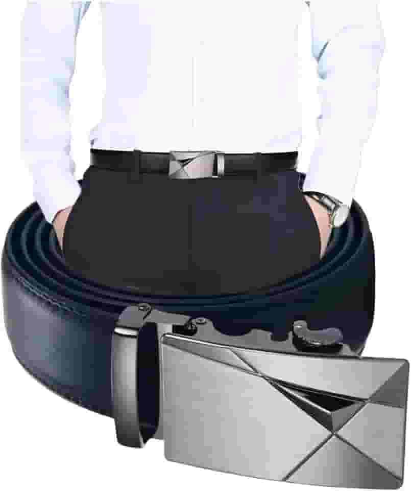 Cinto Social Masculino em Couro com Fivela Automática Geométrica, Design Moderno, Preto