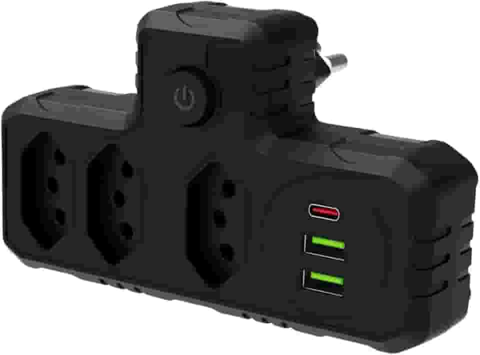 extensão Tomada Preta com USB, Adaptador Inteligente, Régua Tomada, Régua de Energia, Adaptador, 3 Tomadas, 2 Interfaces USB, 1 Porta Tipo-C Premium Quality (Preto)
