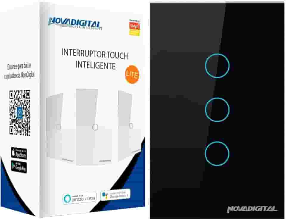 Interruptor Smart Wifi Inteligente Touch Nova Digital 3 botões Lite BR 4x2 Preto