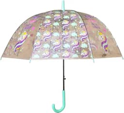 Guarda Chuva Infantil com Estampa de Unicórnio Transparente Curvado e com Abertura Automática