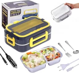 Marmita Elétrica Portátil Veicular de Aço Inoxidável 12V/110V-220V – Lancheira Térmica para Carro, Casa ou Trabalho, 3 Divisórias, Cor Azul com Amarelo, Aquece Refeições Quentes (Azul) - MJ BRANDS
