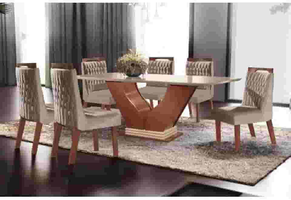 Conjunto Sala de Jantar Mesa com Tampo de Vidro Safira 6 Cadeiras Atena Lj Móveis Castanho Premio/Off White/Pena Bege