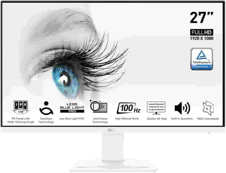 MSI Pro MP273AW, 27 polegadas, 1920 x 1080 (FHD), IPS, 100Hz, proteção visual certificada TUV, 4ms, Displayport, HDMI, inclinação, branco