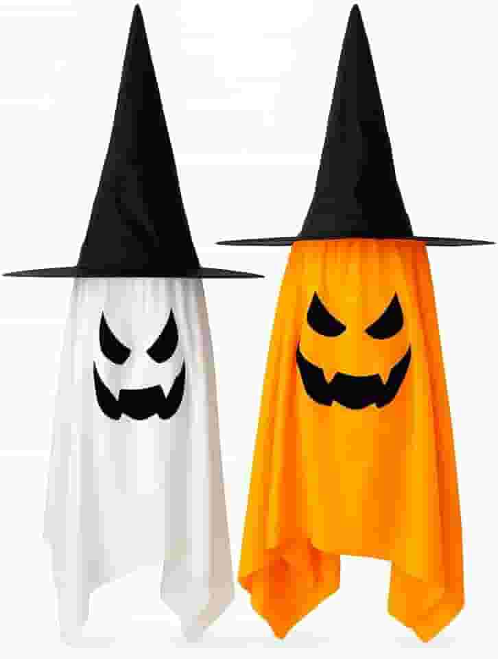 Kit 2 Fantasmas de Halloween com Chapéu de Bruxa e Luzes LED, Branco e Laranja Festa Fantasia Terror Decoração Assustadora e Divertida Dia das Bruxas