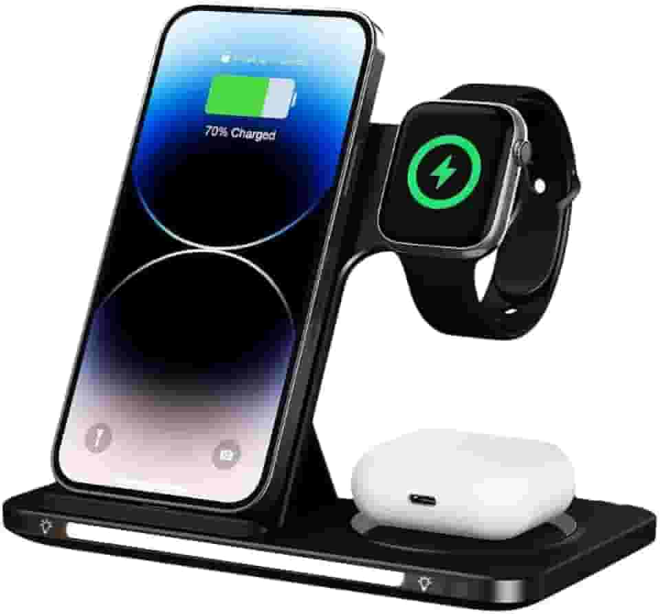 Carregador Sem Fio Rápido, Indução, Wireless, 3 em 1, 15W Dobrável, Estação de Carregamento Compatível com iPhone Apple Watch AirPods com LED KAIDI KNC9097