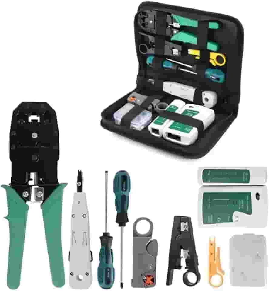 Kit Ferramentas 10 em 1 para Manutenção de Redes e Informática – Alicate Crimpador RJ45/RJ11, Testador de Cabos, Punch Down, Descascador, Chave Phillips, Maleta com Conectores – Linha Profissional