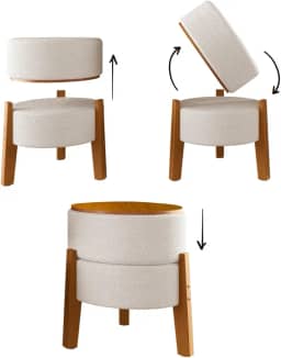 Puff Estilo mesa em Tecido boucle Bege Com Pés em madeira maciça-1uni