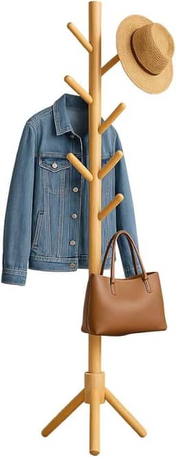 Cabideiro de Chão em Madeira 175 cm de Altura 8 Ganchos Mancebo Cabideiro Arara de Madeira Polida Ecológica e Vertical Desmontável e Leve Ideal para Pendurar Roupas e Acessórios Premium