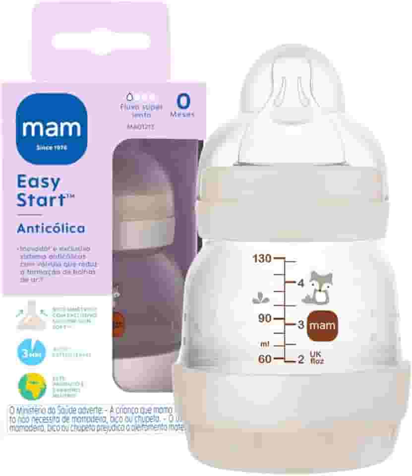MAM Baby 1 Mamadeira Easy Start 130ml Anticólica e Menos Bolhas de Ar, para Crianças 0+ Meses Autoesterilizável e com Bico de Silicone Skinsoft, Neutra