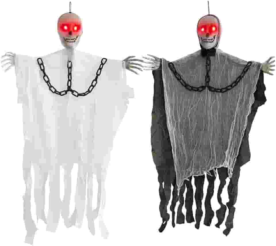 Kit 2 Caveiras Suspensas Fantasmas Preto e Branco com Luz LED Vermelha – Decoração Halloween, Enfeite Assustador para Casa, Festa, Varanda e Eventos Temáticos