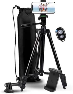 Tripé Profissional de Alumínio Para Celular e Câmera com Controle de Disparador Bluetooth - Altura Ajustável de 36cm a 110cm Com Bolsa e Suporte Para Celular, Com Termo de Garantia, Kit Completo