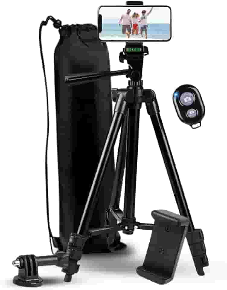 Tripé Profissional de Alumínio Para Celular e Câmera com Controle de Disparador Bluetooth - Altura Ajustável de 36cm a 110cm Com Bolsa e Suporte Para Celular, Com Termo de Garantia, Kit Completo