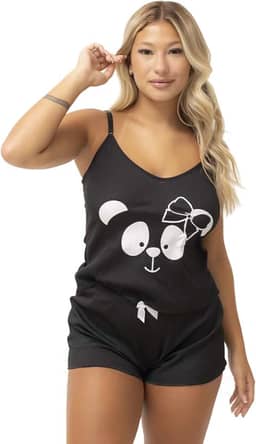 Pijama Baby Doll Curto Canelado Alça Fina Adulto Feminino Roupa de Dormir