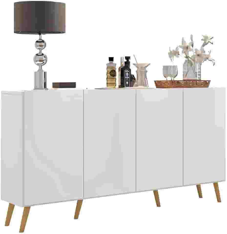 Aparador Buffet Retrô Veneza com Pés retrô e 4 Portas: Armário Organizador Multiuso (Cozinha, Sala de Jantar, Estar) - Branco Fosco - Multimóveis