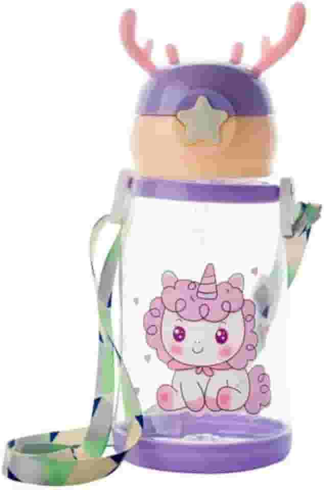 Garrafa Infantil Squeeze com Canudo 600ml à Prova de Vazamentos, Tampa Alce, com Alça (Lilás)