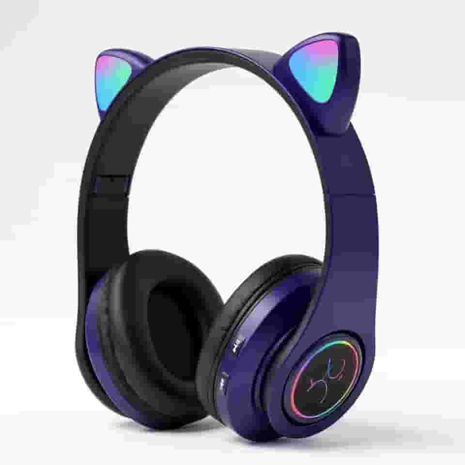 Fone de Ouvido Infantil Bluetooth com Orelhas de Gato, Luzes RGB, Dobrável, Ajustável, Conforto Prolongado e Conectividade Multiuso (Roxo)