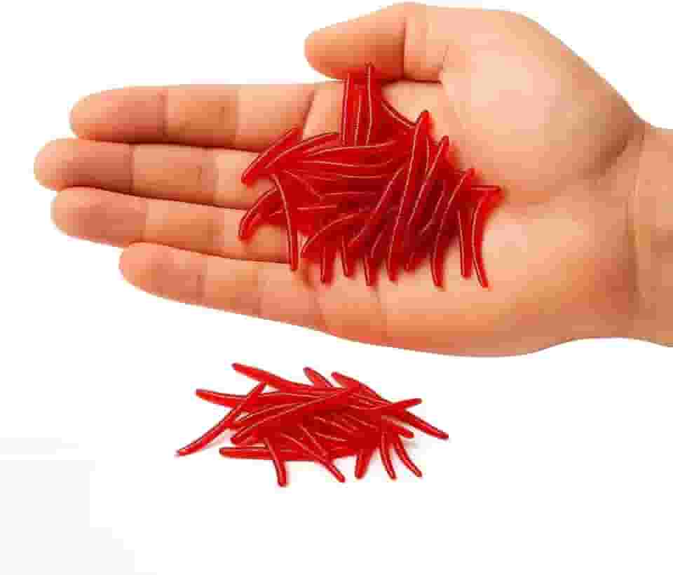 Kit 100/200 Minhocas Artificiais de Silicone – Iscas Vermelhas para Pesca de Carpa, Bagre e Tilápia
