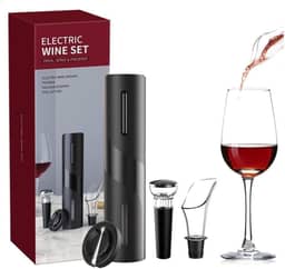 Kit Abridor de Vinho Elétrico 4 Peças Com Saca Rolha Automático Bico Dosador, Cortador de Lacre, Rolha a Vácuo, Ideal Para Presentes e Comemorações