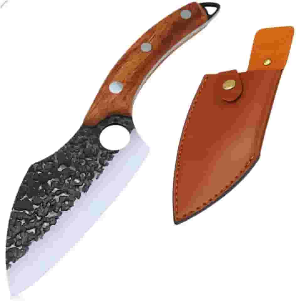 Cutelo Artesanal para Churrasco com Cabo de Madeira, Lâmina em Aço Inox, Bainha em Couro