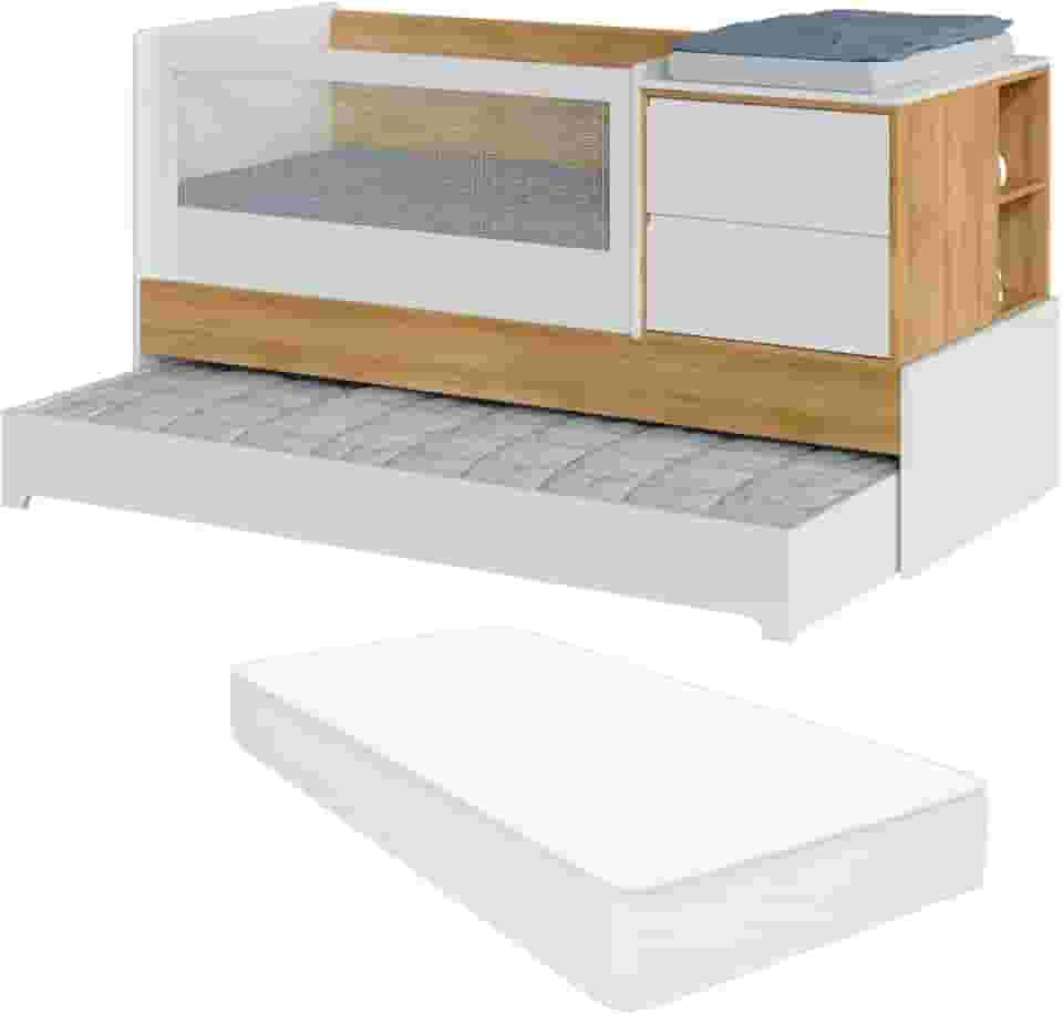 Berço Multifuncional com Cômoda Acoplada e Cama Auxiliar Colchão Padrão Americano Sol e Mar Transformável em Cama de Solteiro e Escrivaninha MDF e Laca UV Divicar (Branco/Carvalho Treviso)