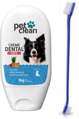 Kit Escova de Dente e Creme dental Tutti Frutti Pet Clean 60g Previne Mau Hálito Tártaro Saude Bucal de Cães e gatos