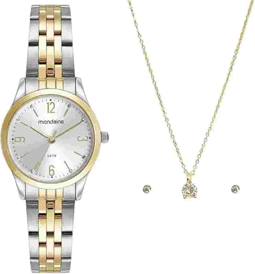 Kit Relógio Mondaine Feminino Bicolor com Semijoia 32720lpmkbe3k1