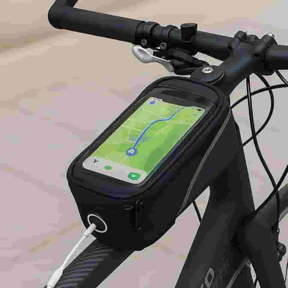 Bolsa de Guidão para Bicicleta com Tela Touch, Impermeável, Porta Celular com Zíper e Saída para Fone, Cinza e Preto