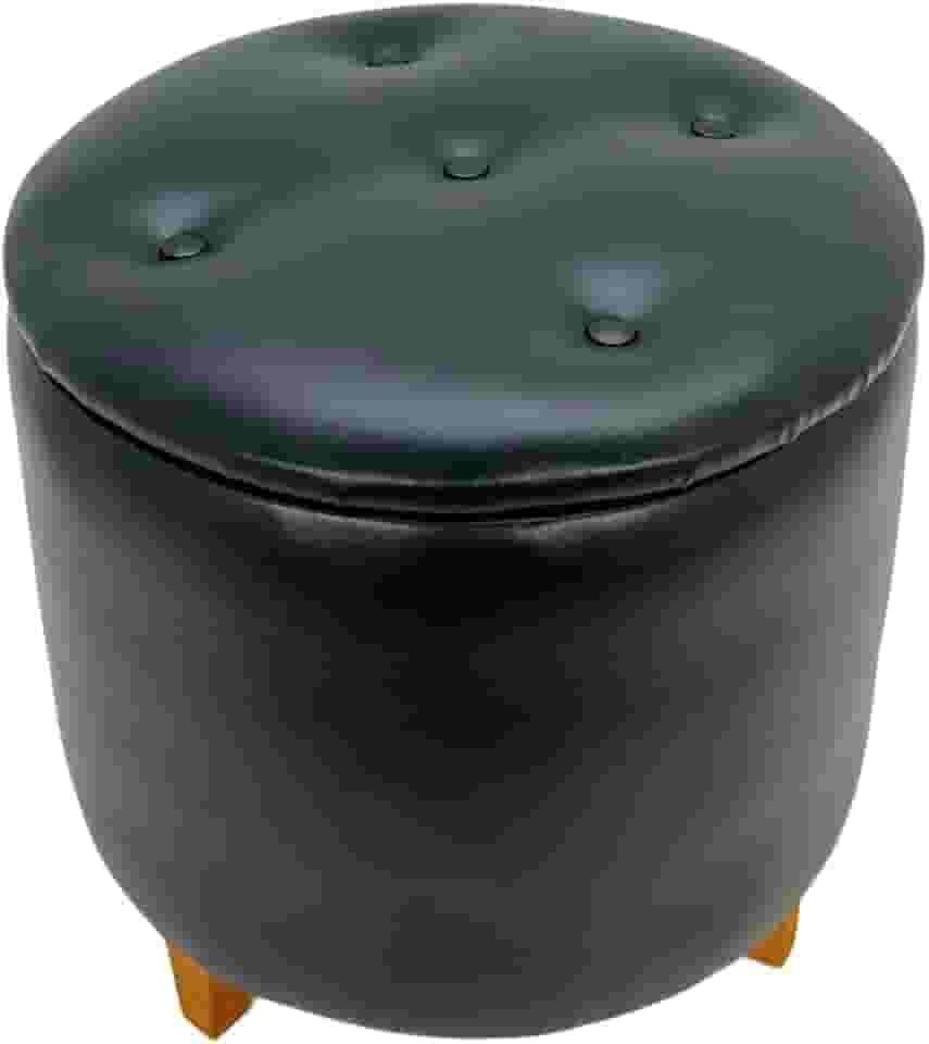 Puff Baú Redondo Estofado em Couro Sintético, Pés em Madeira para Sala/Quarto Infantil/Centro, Heimon (Preto)