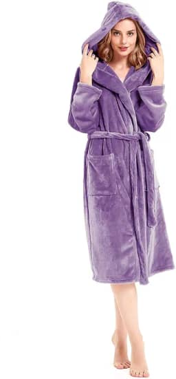 roupão feminino com capuz de lã quente de tecido felpudo terry para spa, Roxa, Small-Medium