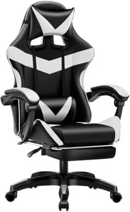 Poltrona Gamer Ergonomica com Apoio para os Pés, Base Giratória e Estofado Profissional, Ideal para Escritório e Jogos (preto e branco)