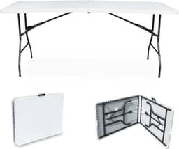 JARDIMANÍA – Mesa Portátil de Plástico 1,80 Metros – Fechamento Tipo Pasta – Portátil, Resistente – Amplo Espaço – Multiusos – Suporta até 150 kg – 6 a 8 Pessoas – 180 x 70 x 75.