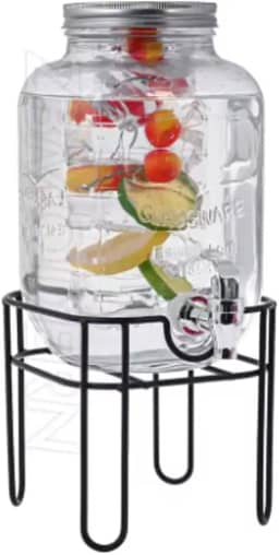 Suqueira de Cristal AGUA SABORIZADA com Suporte, 5 Litros, Dispenser de Bebidas com Torneira Prateada e Tampa de Alumínio, Base Metálica