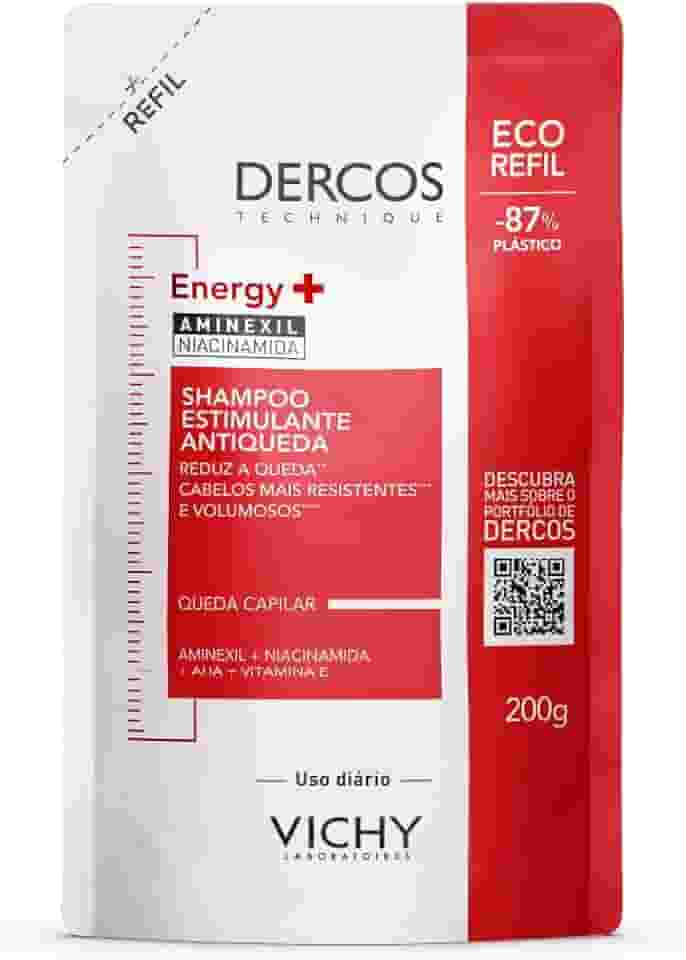 Vichy Dercos Energy+, Refil Shampoo Estimulante, Tratamento Antiqueda para Cabelos Fracos e Quebradiços, Fortalece os Fios com Aminexil, AHA, Niacinamida e Vitamina E, 200g