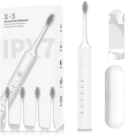 Escova de Dentes Elétrica possui o nível de resistência à água IPX7, um Temporizador Embutido de 2 minutos e 6 Modos Opcionais, totalizando 18 Níveis,Inclui 4 cerdas de escova de dentes e um suporte.