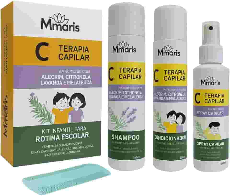 Kit Shampoo Condicionador Spray Terapia Capilar M MariS Rotina Escolar Uso Diário + Pente Fino Combate Piolhos e Lêndeas