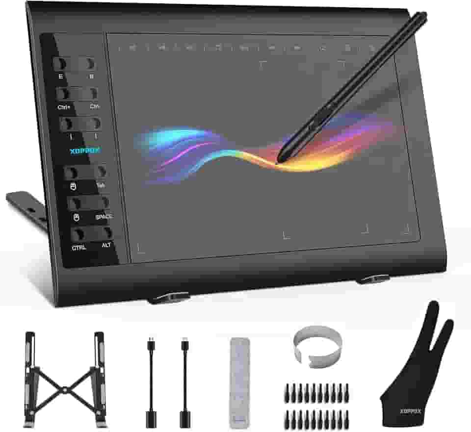 XOPPOX Tablet de desenho gráfico, área ativa grande de 10 x 6" com caneta sem bateria de 8192 níveis e 12 teclas de atalho, compatível com PC/Mac/Android OS para pintura, design e ensino on-line