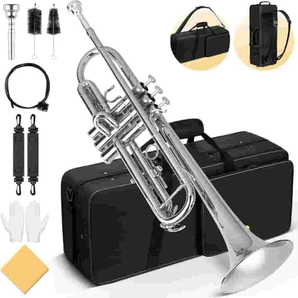 Conjunto de trompete padrão Bb: instrumento de trompete de estudante de cobre com luva de bocal 7C de casca dura, adequado para orquestra de banda de estudante iniciante ou avançada (prata)