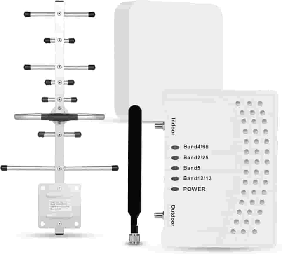 Amplificador de celular para casa e várias salas, amplificador de sinal de celular com 2 antenas internas para banda 66/2/4/5/12/17/13/25, até 6000 m², Boost 4G 5G LTE para todas as operadoras dos EUA