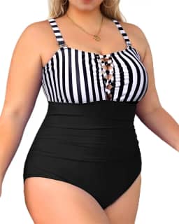 Maiô feminino plus size, peça única, listrada, com controle de barriga, cores contrastantes, roupa de banho