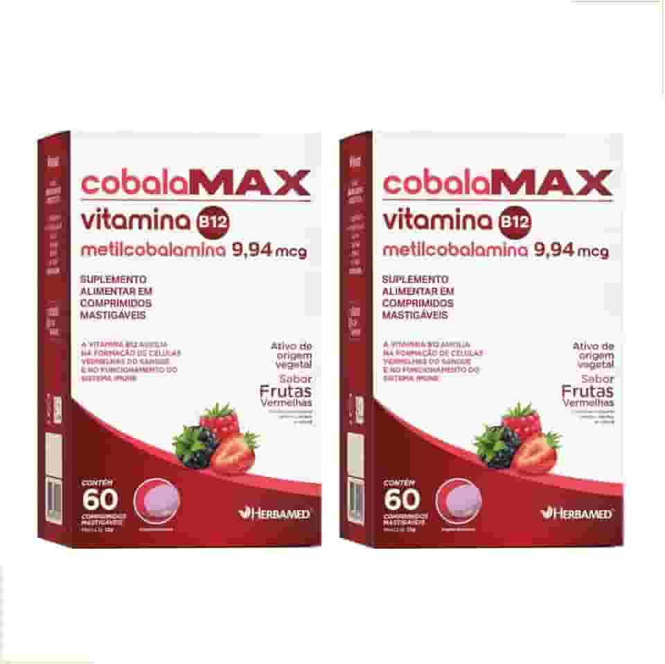 Kit 2 Un Vitamina B12 Metilcobalamina Ativa Mastigável Herbamed Cobalamax 60cp Sabor Frutas Vermelhas — Origem Vegana — Suplemento Alimentar para Energia, Metabolismo e Sistema Imune
